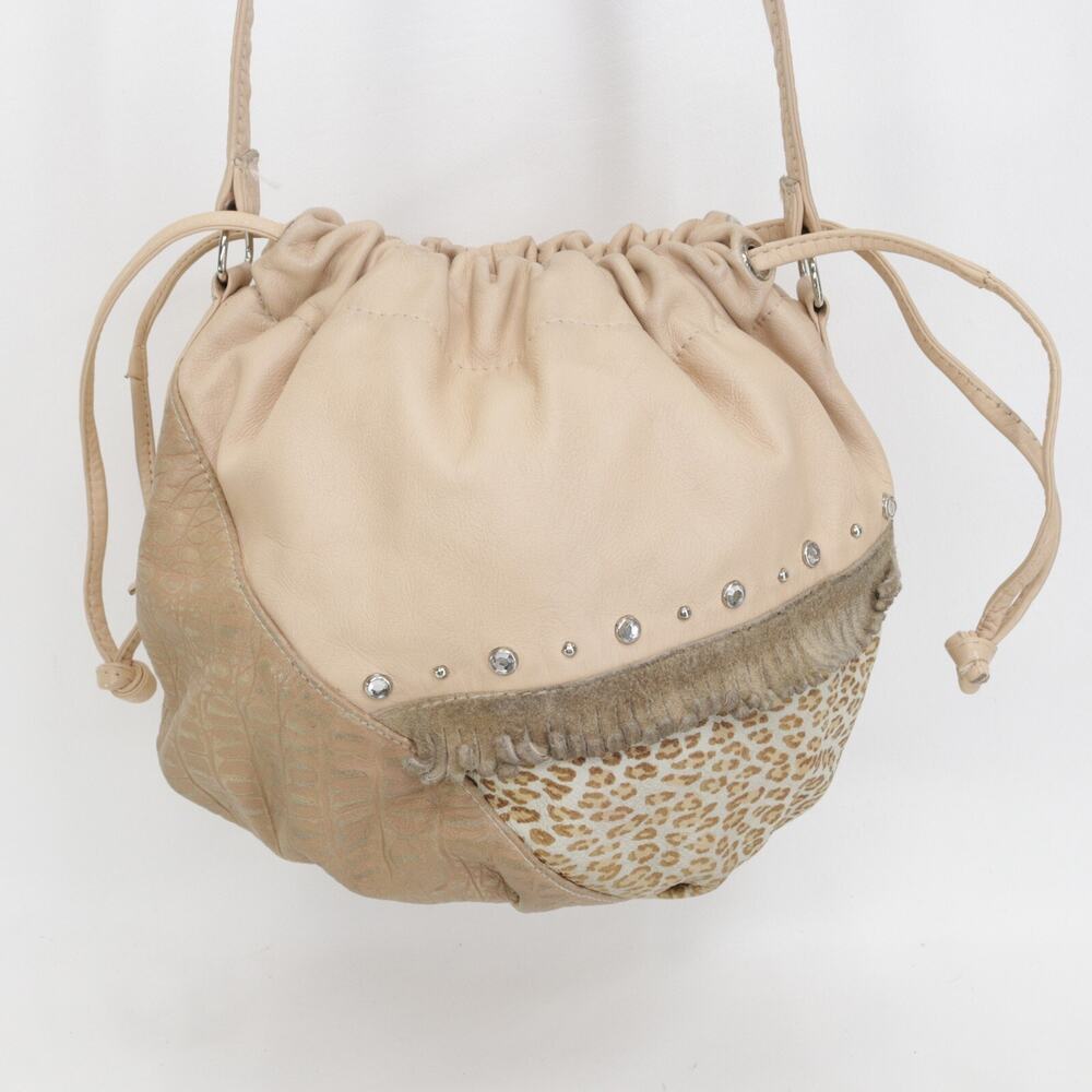 LJ Simone Handbag Medium Cream Natural Leopard Leather Bling Purse Bucket Bag